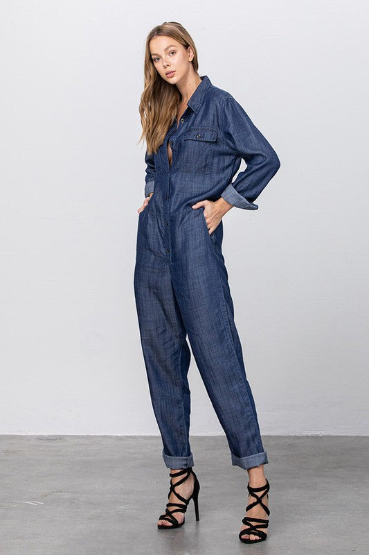 Denim Lab USA Collared Button Front Tencel Jumpsuit
