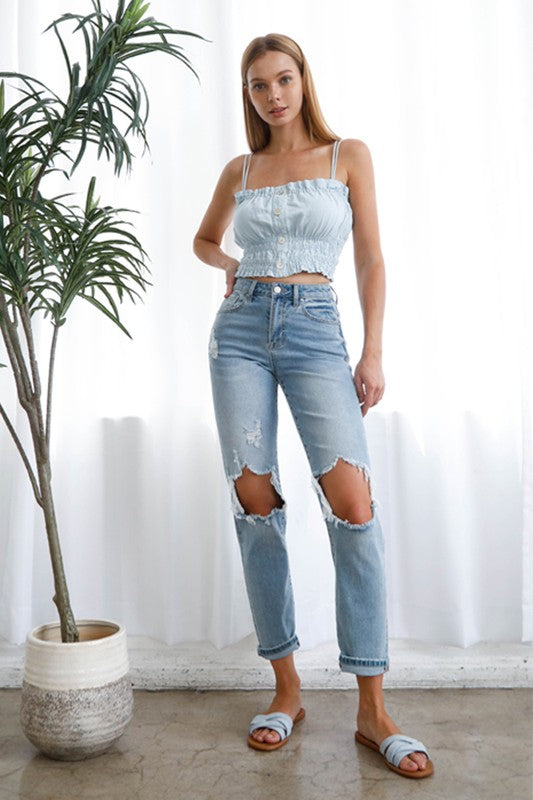 Denim Lab USA High Waist Destroyed Hem Boyfriend Jeans
