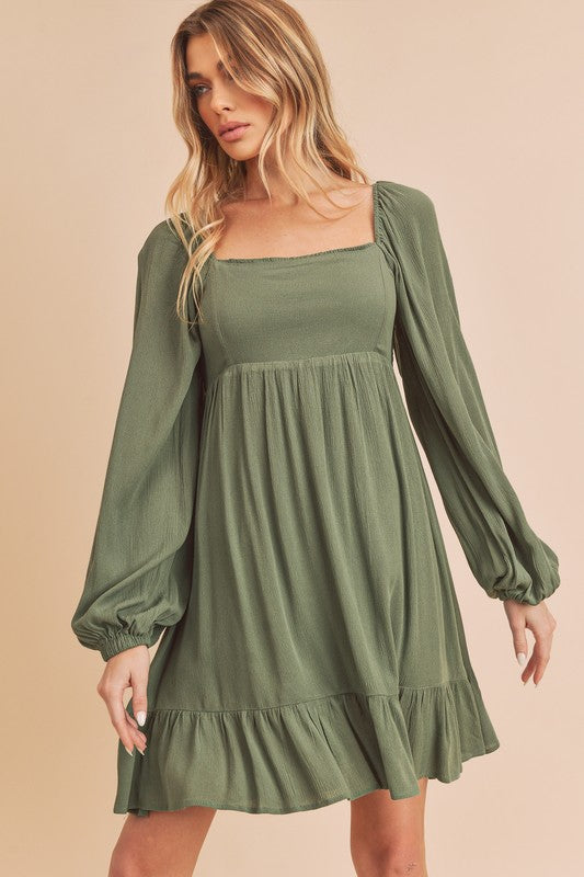 Aemi + Co Taya Squared Neck Long Sleeve Ruffle Dress