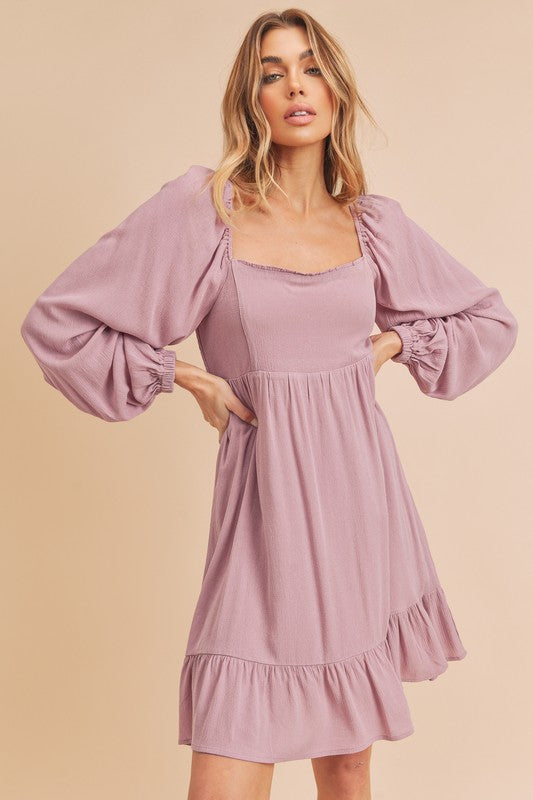 Aemi + Co Taya Squared Neck Long Sleeve Ruffle Dress