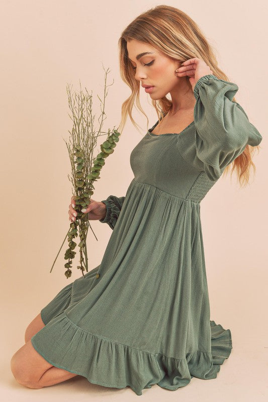 Aemi + Co Taya Squared Neck Long Sleeve Ruffle Dress