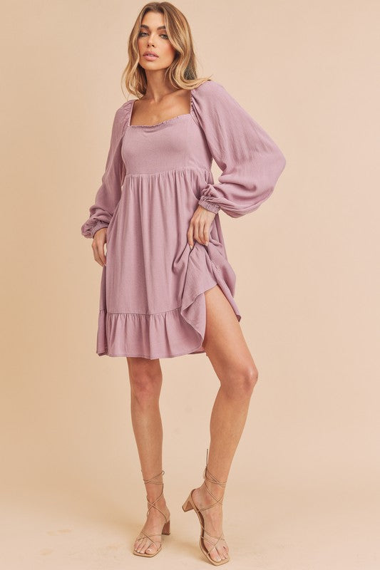 Aemi + Co Taya Squared Neck Long Sleeve Ruffle Dress