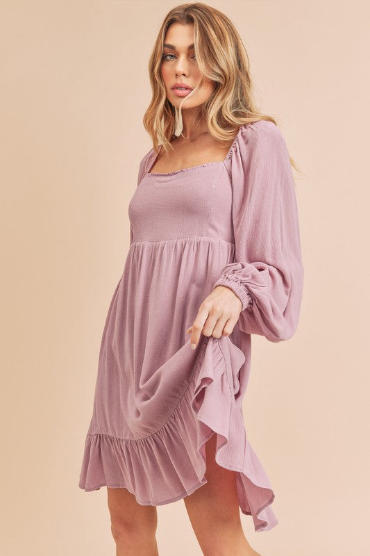 Aemi + Co Taya Squared Neck Long Sleeve Ruffle Dress
