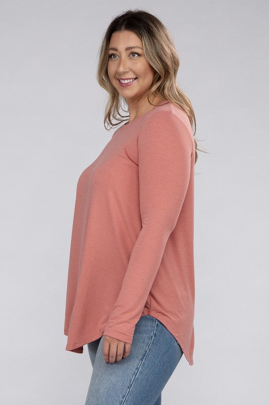 ZENANA Plus Long Sleeve Round Neck Round Hem Top