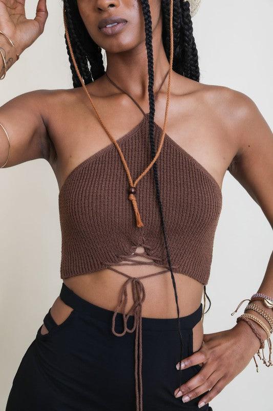 Leto Accessories Lace-Up Halter Knit Bralette