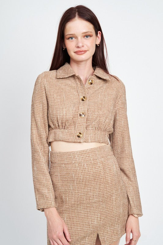 Emory Park CROPPED TWEED JACKET WITH SHIRRING DETAIL