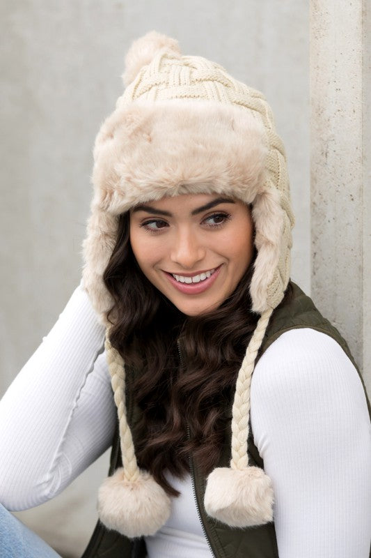 Aili's Corner Cable Weave Pom Trapper Hat