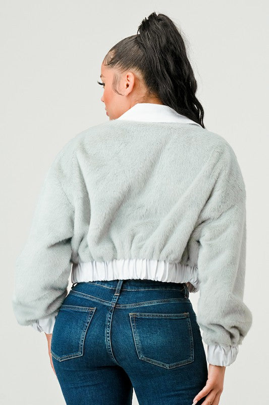 Athina CASUAL DENIM CONTRAST FUR CROP JACKET