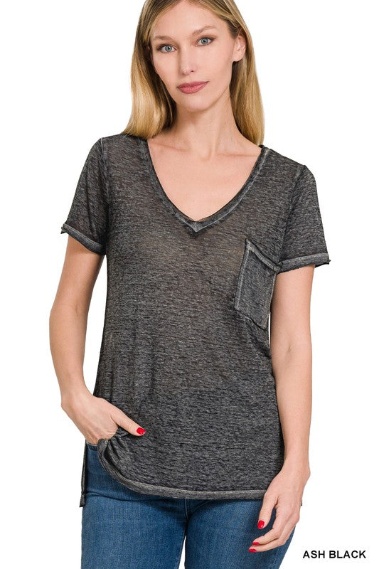 ZENANA Washed Melange Burnout Scoop V-Neck Top