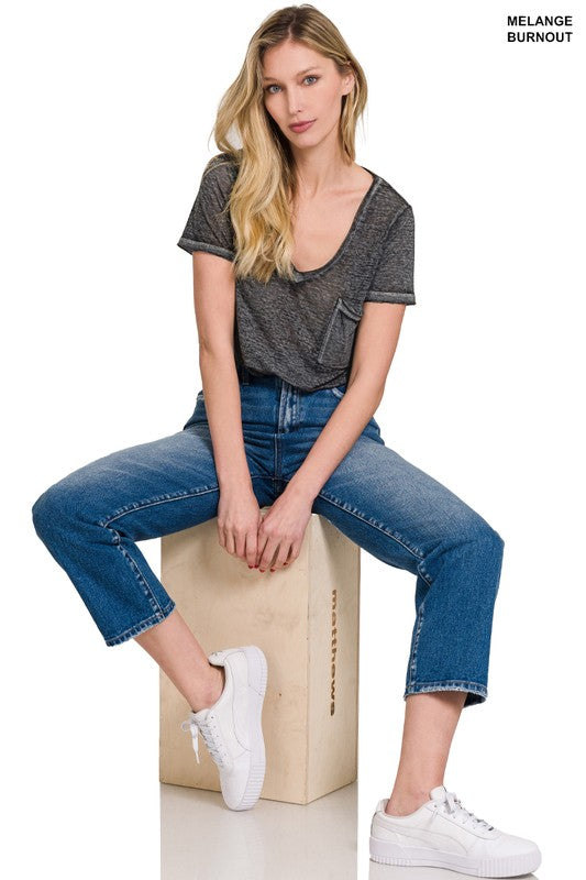 ZENANA Washed Melange Burnout Scoop V-Neck Top