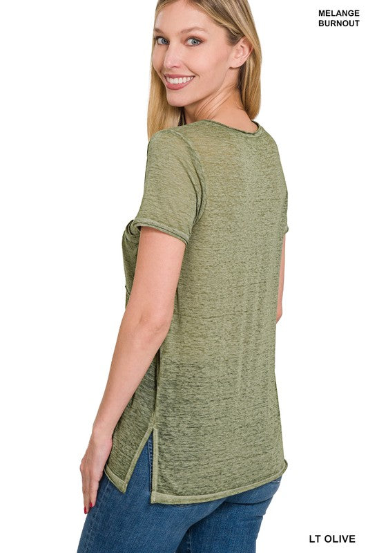 ZENANA Washed Melange Burnout Scoop V-Neck Top