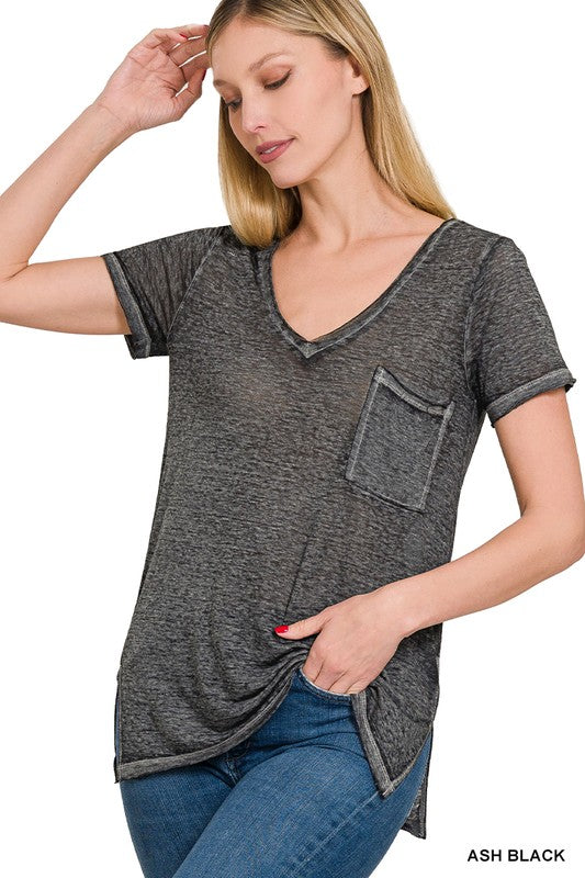 ZENANA Washed Melange Burnout Scoop V-Neck Top