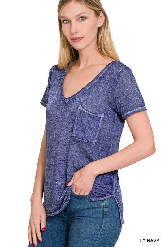 ZENANA Washed Melange Burnout Scoop V-Neck Top