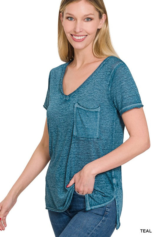 ZENANA Washed Melange Burnout Scoop V-Neck Top