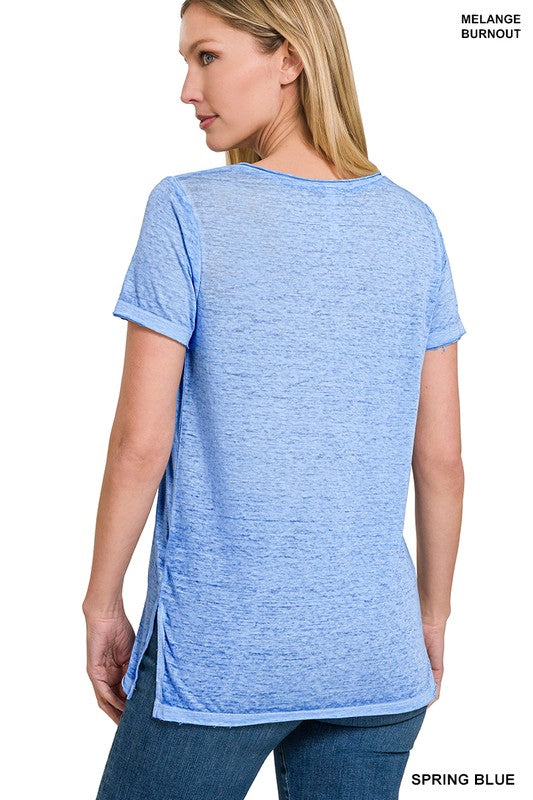 ZENANA Washed Melange Burnout Scoop V-Neck Top