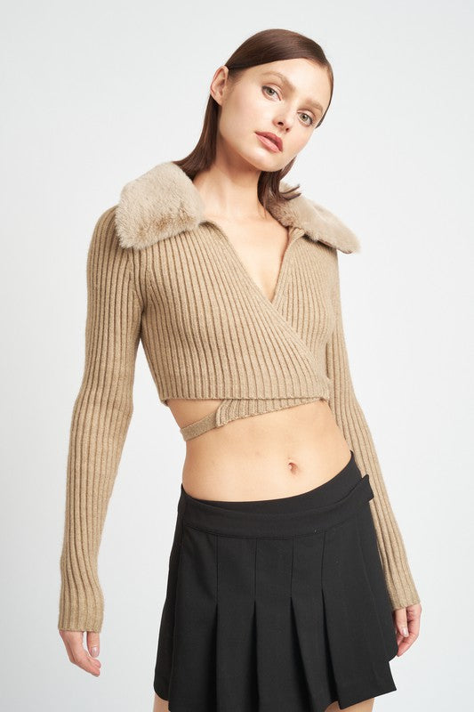 Emory Park V NECK CARDIGAN WITH FUR COLLAR