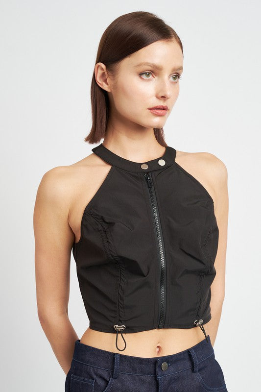Emory Park ZIP FRONT HALTER NECK CROPPED TOP