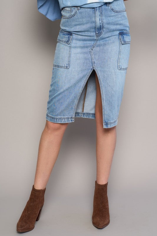 Denim Lab USA High Rise Front Slit Cargo Midi Denim Skirt