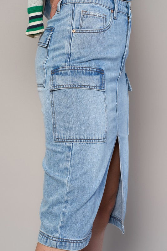 Denim Lab USA High Rise Front Slit Cargo Midi Denim Skirt