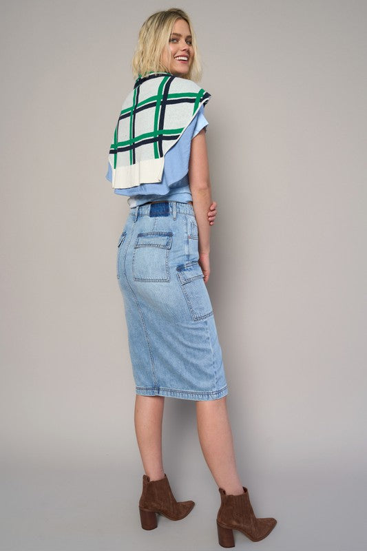 Denim Lab USA High Rise Front Slit Cargo Midi Denim Skirt