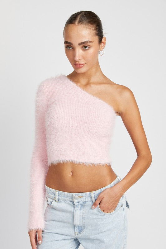 Emory Park ONE SHOULDER FLUFFY SWEATER TOP