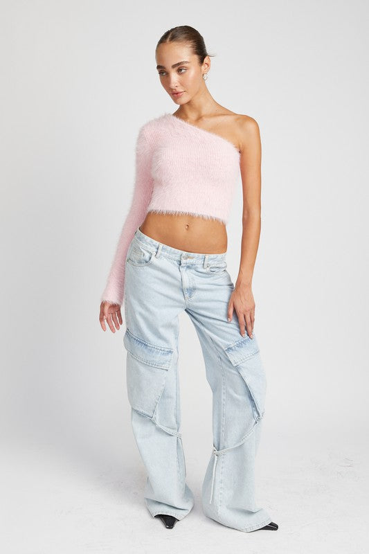Emory Park ONE SHOULDER FLUFFY SWEATER TOP