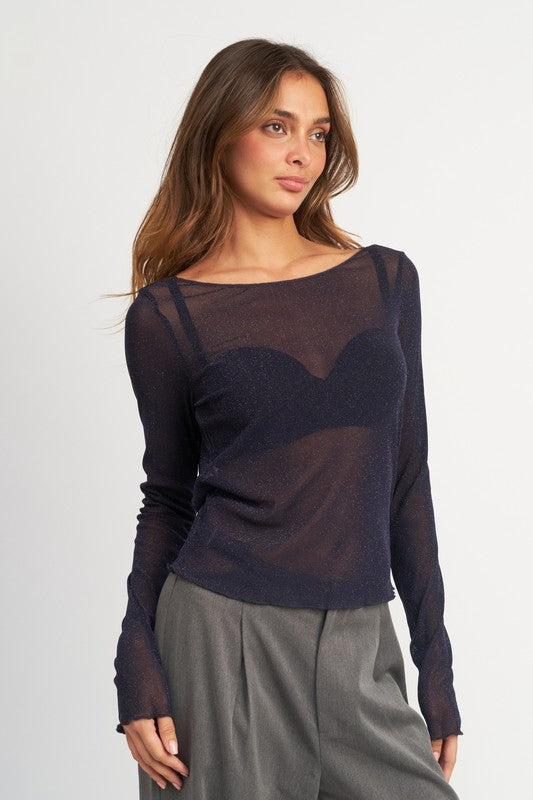 Emory Park GLITTER MESH TOP WITH BACK COWL