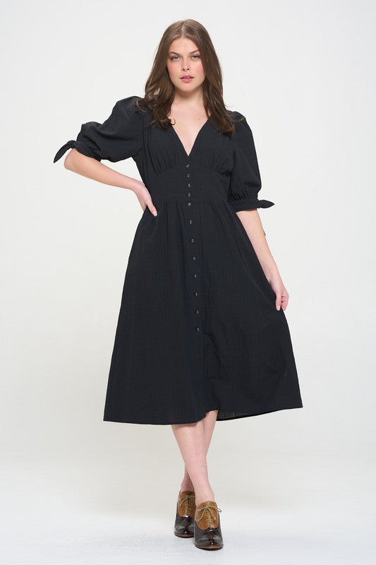 Jade By Jane PLUS 3/4 PUFF SLV TEXTURED BUTTON DOWN MIDI DRESS