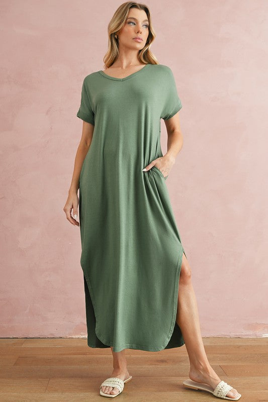 SHEWIN V Neck Hidden Pocket Splits Maxi T-shirt Dress