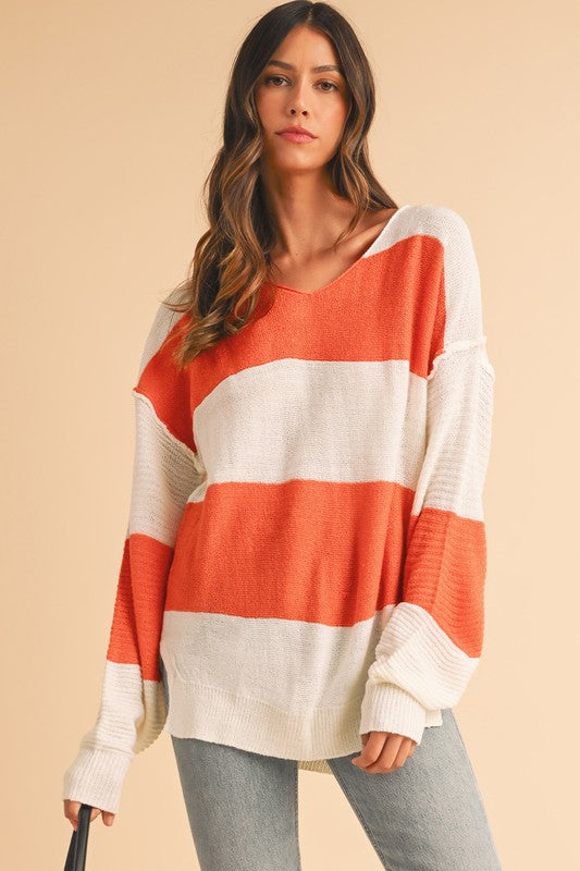 SHEWIN Colorblock V Neck Side Slits Sweater