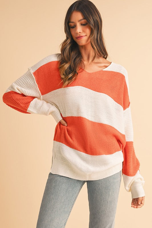 SHEWIN Colorblock V Neck Side Slits Sweater