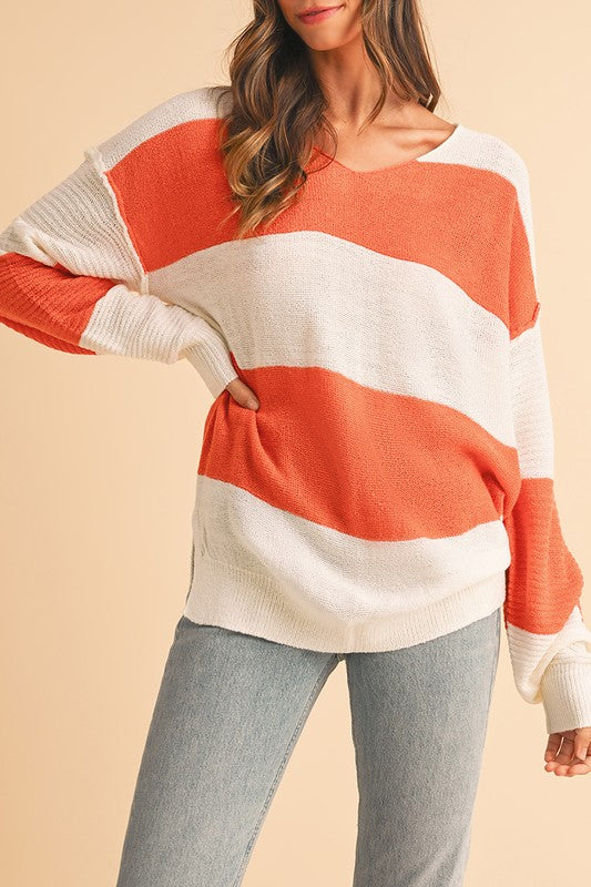 SHEWIN Colorblock V Neck Side Slits Sweater