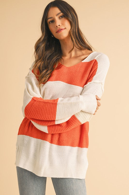 SHEWIN Colorblock V Neck Side Slits Sweater