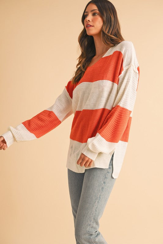SHEWIN Colorblock V Neck Side Slits Sweater