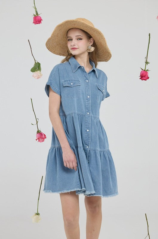 noflik Plus ButtonDown Tiered Babydoll Denim Shirt Dress