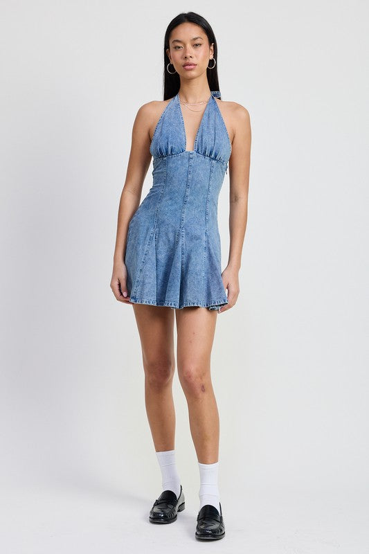 Emory Park MINI HALTER NECK DENIM DRESS