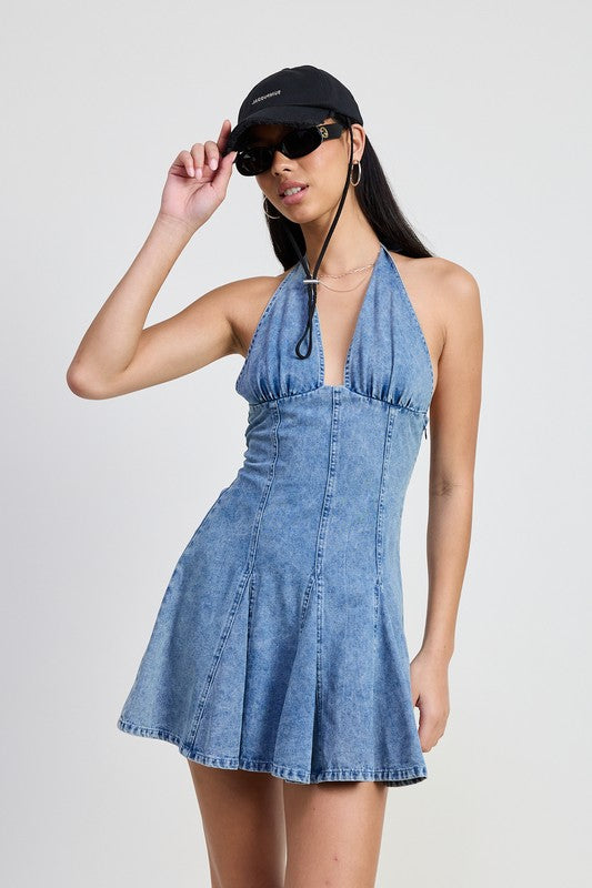 Emory Park MINI HALTER NECK DENIM DRESS