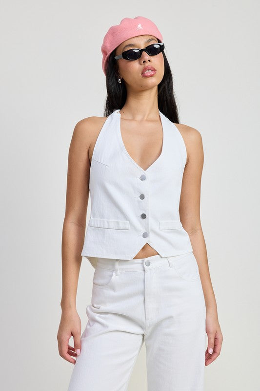Emory Park Denim BUTTON UP HALTER NECK TOP