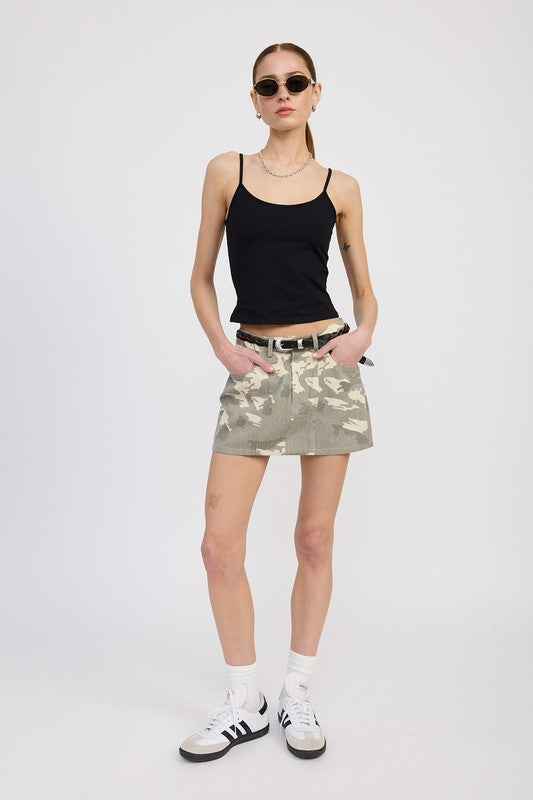 Emory Park BELTED MINI CAMO SKIRT