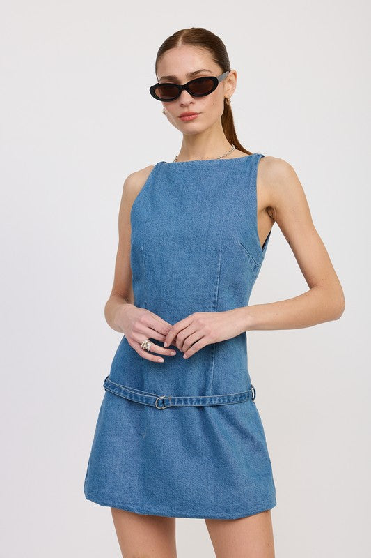 Emory Park DENIM MINI DRESS WITH LOW WAIST BELT