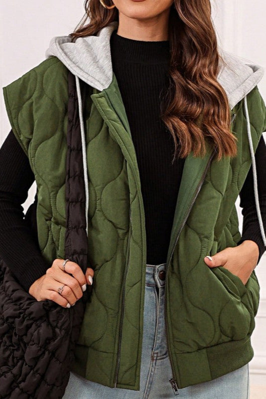 EG fashion Oversized Drawstring Hooded Zip Up Puffer Vest