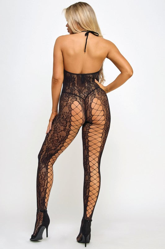 BE WICKED 2451 Jasmine Floral Lace With Fishnet Bodystocking