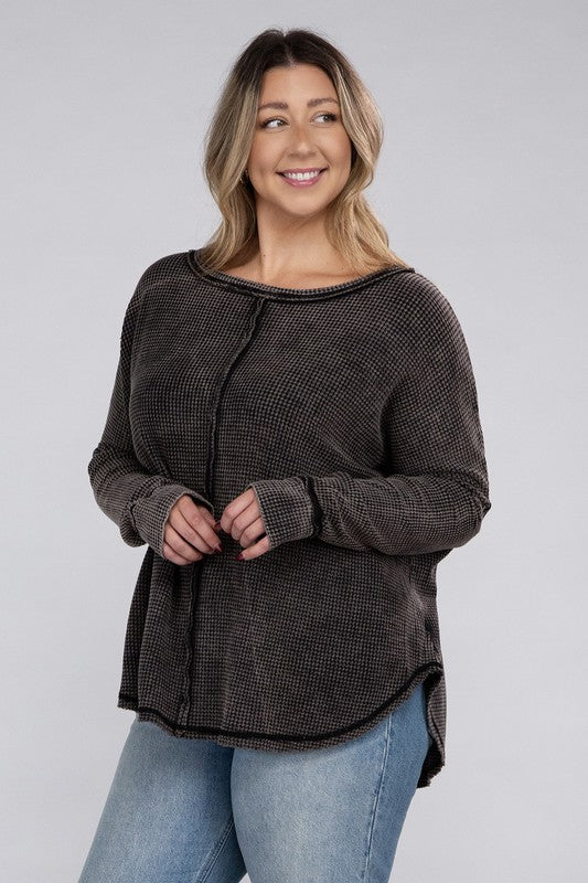 ZENANA Plus Washed Baby Waffle Oversized Long Sleeve Top