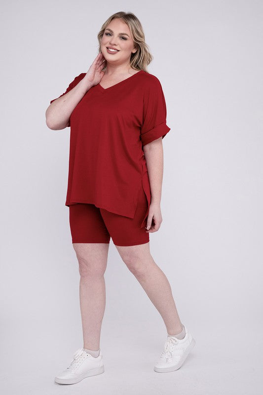 ZENANA Plus Brushed DTY Microfiber V-Neck Top & Biker
