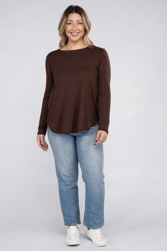 ZENANA Plus Long Sleeve Round Neck Round Hem Top