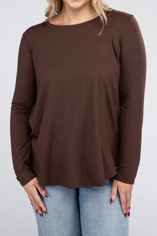 ZENANA Plus Long Sleeve Round Neck Round Hem Top