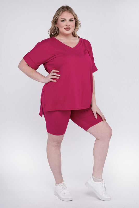 ZENANA Plus Brushed DTY Microfiber V-Neck Top & Biker