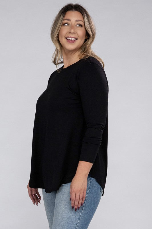 ZENANA Plus Long Sleeve Round Neck Round Hem Top