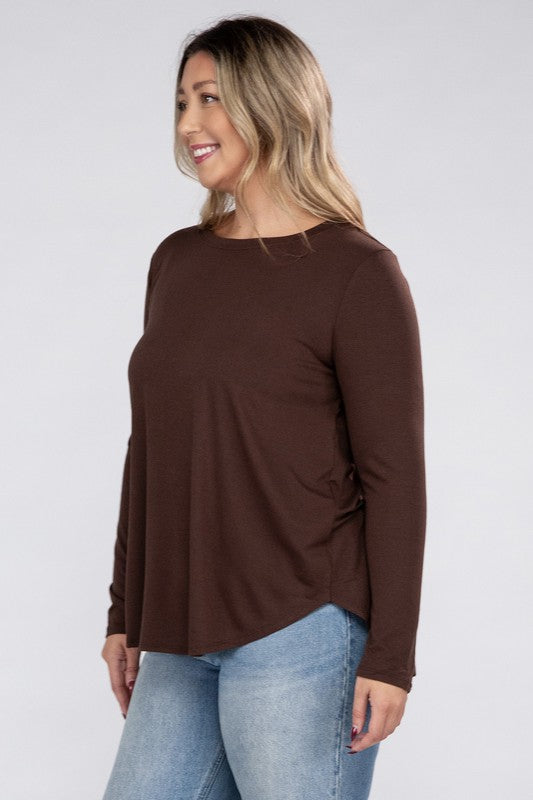 ZENANA Plus Long Sleeve Round Neck Round Hem Top