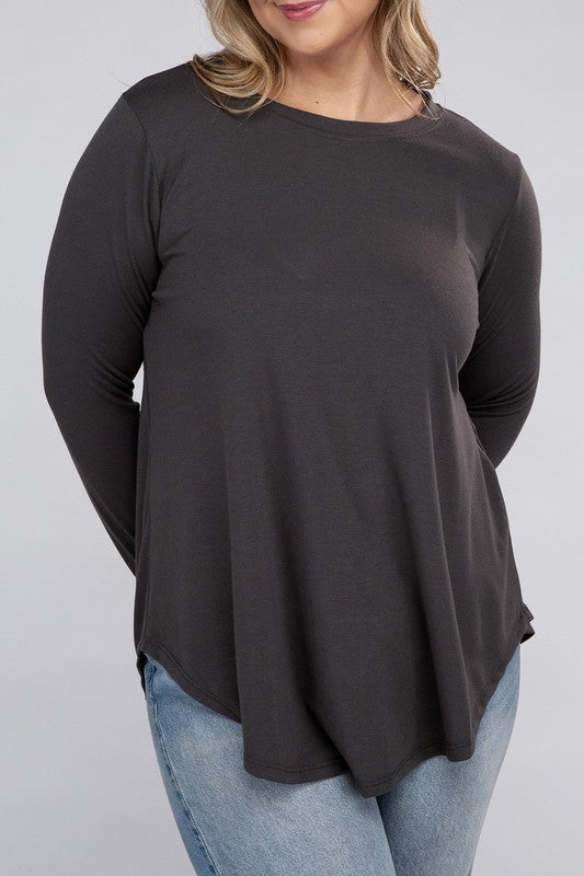 ZENANA Plus Long Sleeve Round Neck Round Hem Top